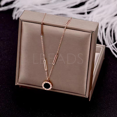 304 Stainless Steel with Black Acrylic Roman Numerals Flat Round Pendant Necklaces FS-WG7B842-01-1