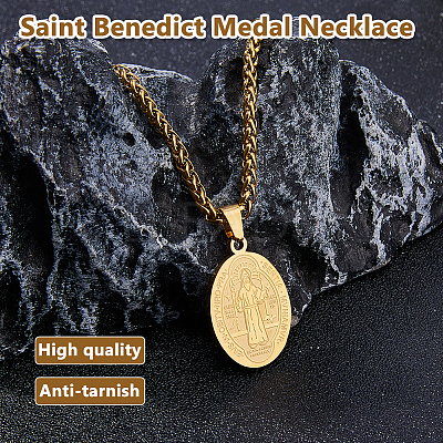 2Pcs Stainless Steel Saint Benedict Oval Medal Pendant Wheat Chain Necklaces NJEW-DC0001-20G-1