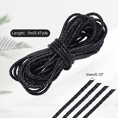 Diameter 3mm Black Round Folded Bolo Genuine Braided Leather Cords for Necklace Bracelet Jewelry Making WL-PH0002-01A-1