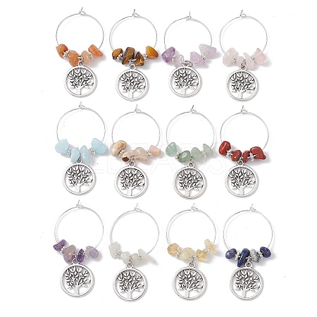 12Pcs Flat Round with Tree of Life Alloy Pendants Wine Glass Charms Sets AJEW-JO00218-1