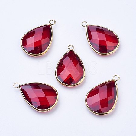 Golden Tone Brass Glass Teardrop Pendants X-GLAA-M006-A-09G-1