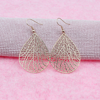 Teardrop with Hollow Leaf Pattern Brass Dangle Earrings FS-WG94C34-03-1