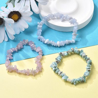Chips Natural Larimar & Blue Lace Agate & Kunzite Beaded Stretch Bracelets Sets X-BJEW-JB05332-01-1