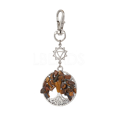 Natural Tiger Eye Chips Beads & Alloy Tree of Life Pendant Decorations HJEW-JM03128-05-1