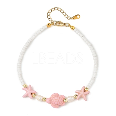 Summer Dyed Synthetic Turquoise & Natural Pearl & Seed Bead Beaded Anklets AJEW-AN00870-1