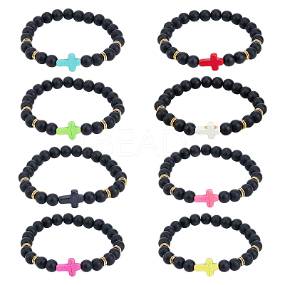 8Pcs 8 Colors Dyed Synthetic Turquoise Cross Beaded Stretch Bracelets Set BJEW-FI0001-27-1
