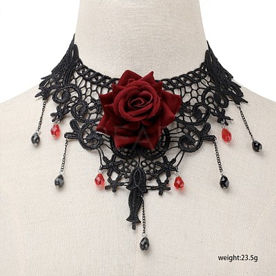 Gothic Alloy Glass Lace Rose Flower Statement Bib Choker Necklaces for Women FS-WGE10D6-03-1