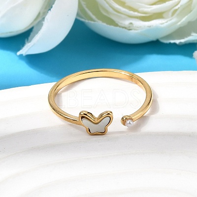304 Stainless Steel & Natural Shell & Imitation Pearl Cuff Rings for Women RJEW-G372-01G-04-1