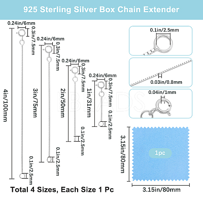 4Pcs 4 Style Rhodium Plated 925 Sterling Silver Box Chain Extender STER-BBC0007-17P-1