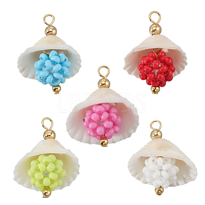 20Pcs 5 Colors Clam Shell & Glass Seed Beaded Pendants FIND-BBC0004-23-1