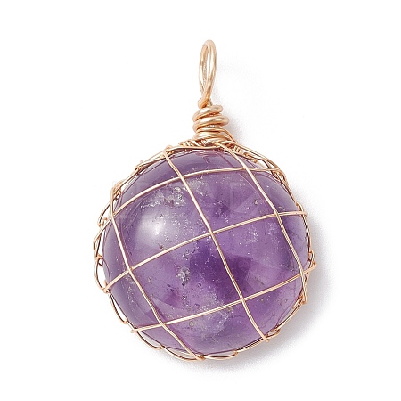 Natural Amethyst Copper Wire Wrapped Pendants PALLOY-JF02436-02-1