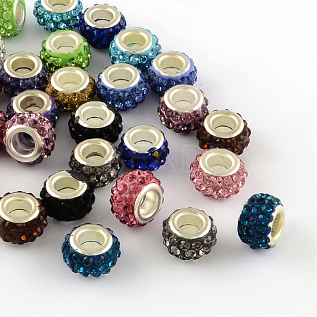 Polymer Clay Rhinestone European Large Hole Beads with Silver Color Plated Brass Cores FPDL-R002-M-1