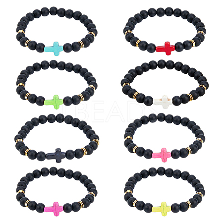 8Pcs 8 Colors Dyed Synthetic Turquoise Cross Beaded Stretch Bracelets Set BJEW-FI0001-27-1