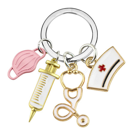 Mask & Nurse Cap & Injection Syringe & Stethoscope Enamel Pendant Keychain KEYC-PW0004-02B-1