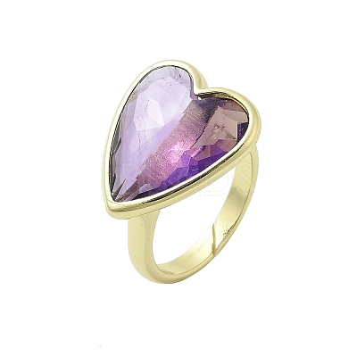 Heart Brass Natural Amethyst Finger Rings RJEW-D304-01G-A-1