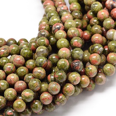 Natural Gemstone Unakite Round Bead Strands X-G-P075-35-8mm-1