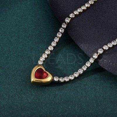 304 Stainless Steel Red & Clear Cubic Zirconia Heart Pendant Necklaces for Women NJEW-Z044-15G-01-1