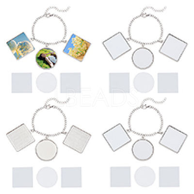 4Pcs Alloy Sublimation Blank Square & Flat Round Charms Bracelets BJEW-PH01797-1