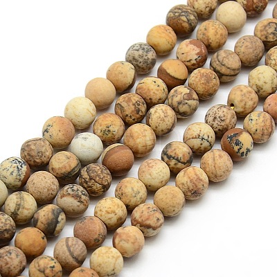 Frosted Natural Picture Jasper Round Bead Strands G-M064-6mm-05-1