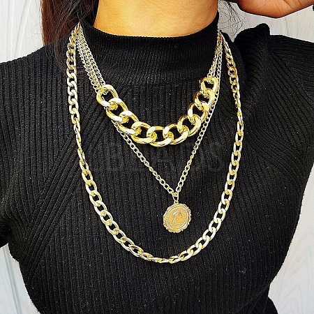 Alloy Disc Pendant 3 Layer Necklaces for Women FS-WGAC560-01-1