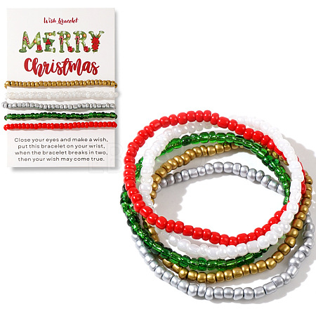 5Pcs Christmas Theme Glass Seed Beads Stretch Bracelet Sets QO0041-6-1