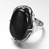 Adjustable Oval Brass Natural Dyed & Heated Black Agate Wide Band Rings RJEW-L062-03O-2