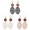 3 Pairs 3 Colors Wood Hollow Oval Dangle Earrings with 304 Stainless Steel Pins for Women EJEW-AN0004-83-1