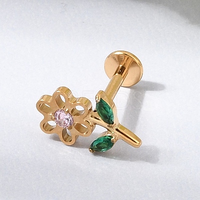 F136 Titanium Pave Pink and Green Cubic Zirconia Flower Internally Threaded Labrets ME-CBA9828-04G-1