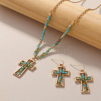 Cross Zinc Alloy Glass Pendant Necklaces & Dangle Earrings FS-WG71EA0-01-1