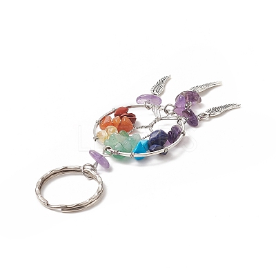 Natural & Synthetic Gemstone Chips Tree of Life with Alloy Wings Pendant Keychain KEYC-JKC00466-1
