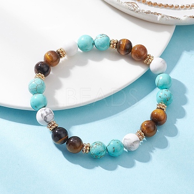 Natural Tiger Eye & Synthetic Turquoise Round Beads Stretch Bracelets for Women BJEW-TA00698-1