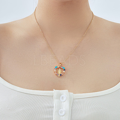 Vintage Brass Cubic Zirconia Religious Virgin Mary Heart Hollow Pendant Necklaces AB7554-1-1
