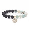 Round Natural Flower Amazonite & Lava Rock Stretch Bracelets with Brass Coin BJEW-TA00105-1