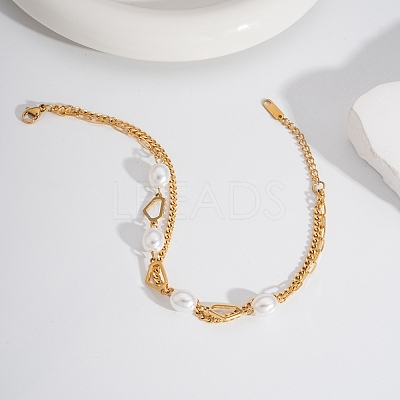 Elegant 304 Stainless Steel & Imitation Pearl Double Layer Link Chain Anklets HM7489-8-1