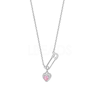 Heart Safety Pin Brass Pave Cubic Zirconia Pendant Necklaces for Women FS-WGA6C95-01-1