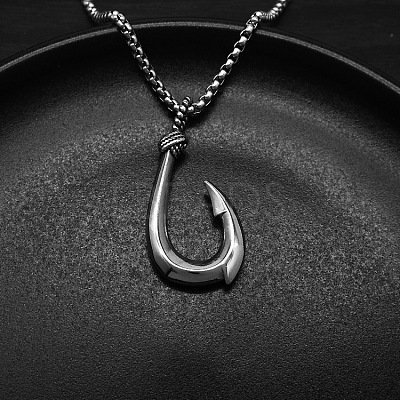 304 Stainless Steel Fish Hook Pendant Necklaces for Men WG49AC2-01-1