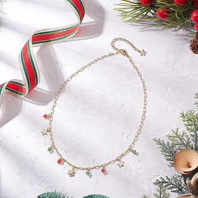Christmas Brass Pave Clear Cubic Zirconia Snowflake & 304 Stainless Steel Star and Round Glass Tassel Brass Paperclip Chain Bib Necklaces NJEW-JN05504-1