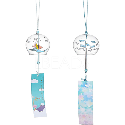 2Pcs 2 Styles Round with Boat & Bird Pattern Glass Wind Chime HJEW-BC0001-10-1