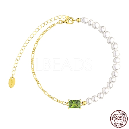 Natural Freshwater Pearls Beaded Bracelets with Cubic Zirconia Rectangle Link BJEW-I314-137-1