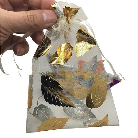 Gold Stamping Leaf Organza Printed Gift Bags with Drawstring PW-WGCD8B4-02-1
