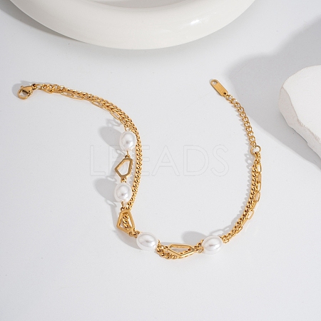 Elegant 304 Stainless Steel & Imitation Pearl Double Layer Link Chain Anklets HM7489-8-1