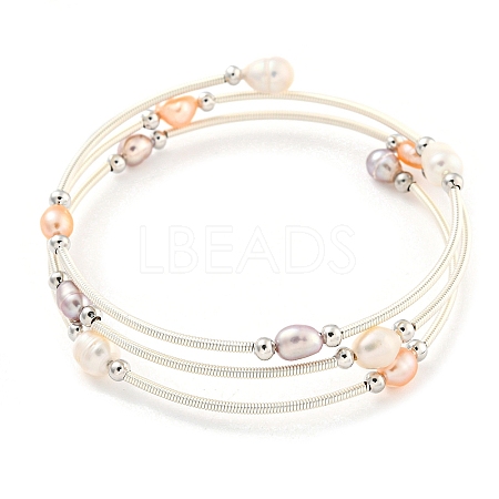 Four-Loops Brass & Natural Freshwater Pearl Beaded Wrap Bracelets for Women BJEW-F470-02S-1