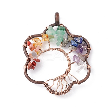 7 Chakra Flower Natural Mixed Stone Copper Wire Wrapped Chip Big Pendants G-E195-12R-01-1