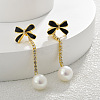 Bowknot Brass Enamel with Clear Cubic Zirconia & Plastic Imitation Pearl Dangle Stud Earrings EJEW-Q391-13G-1