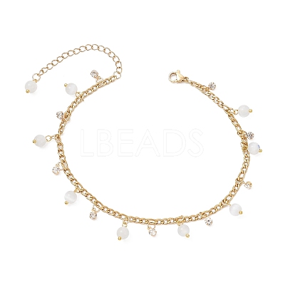 Cat Eye Round Tassel 304 Stainless Steel Twisted Chain Anklets for Women AJEW-AN00698-03-1