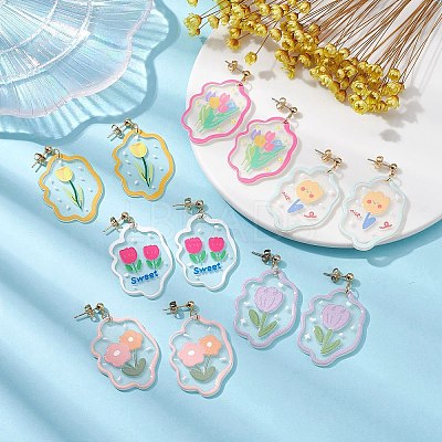 6 Pair 6 Style Acrylic Flower Dangle Stud Earrings EJEW-JE05471-1