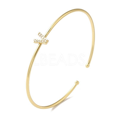 Rack Plating Brass Micro Pave Clear Cubic Zirconia Letter Open Cuff Bangles BJEW-A018-01G-V-1
