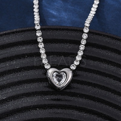 304 Stainless Steel Clear Cubic Zirconia Heart Pendant Necklaces for Women NJEW-Z044-15P-02-1