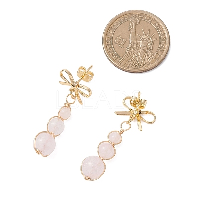 Natural Rose Quartz Bowknot with Round Dangle Stud Earrings EJEW-JE06780-01-1
