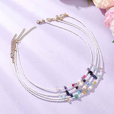 4Pcs 4 Styles Faceted Round and Chip Mixed Gemstone & Natural Cultured Freshwater Pearl & Glass Seed Baeded Necklaces for Women NJEW-JN05602-1